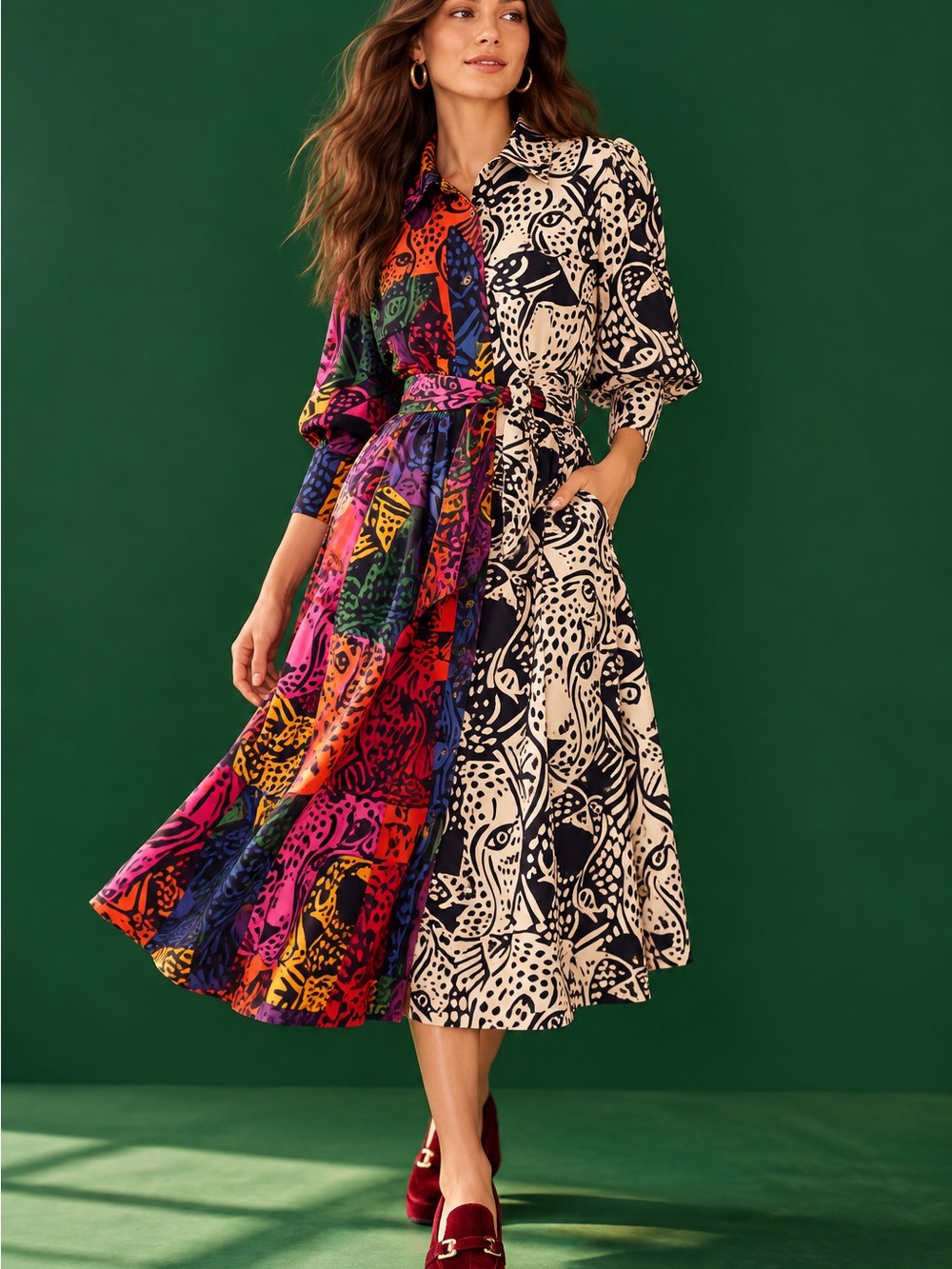 Farm Rio Mixed Midnight Leopards Midi Dress Belted XS